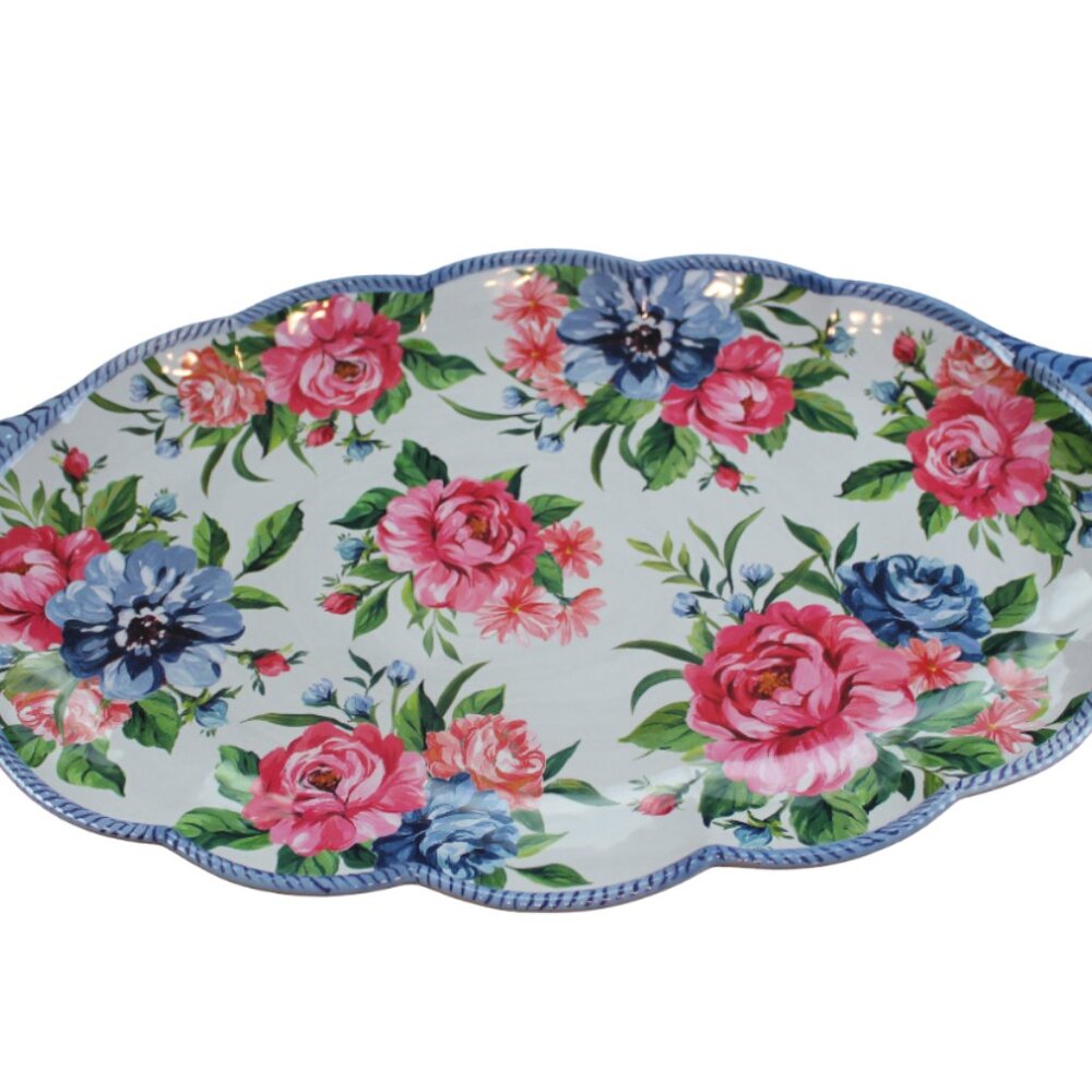 Soho Loft Pink Blue Flower Rose 23" Serving Platter Tray Handles Melamine NEW